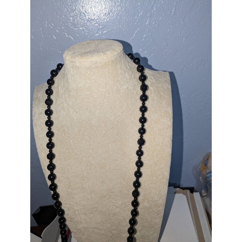 Black Beaded 64" Necklace Faceted Beads Silver Toggle Closure - Picture 10 of 14